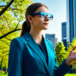 A professional environmental scientist, fully clothed in a modest business casual outfit, stands in a modern, vibrant urban park. They are wearing sleek, futuristic AR glasses, with holographic overlays showing real-time environmental data. Intricate, glowing visual layers of air quality metrics and wind patterns are integrated seamlessly into the view of trees and city buildings. The scientist has a focused expression, making a natural gesture with one hand as if interacting with the data. The scene emphasizes innovation and environmental awareness, with perfect anatomy, correct proportions, and well-formed hands. Natural pose, safe for work, appropriate content, fully clothed, professional. High-quality photography, realistic, detailed.