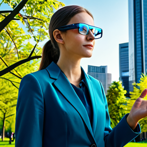 Home 4 A professional environmental scientist, fully clothed in a modest business casual outfit, stands in a modern, vibrant urban park. They are wearing sleek, futuristic AR glasses, with holographic overlays showing real-time environmental data. Intricate, glowing visual layers of air quality metrics and wind patterns are integrated seamlessly into the view of trees and city buildings. The scientist has a focused expression, making a natural gesture with one hand as if interacting with the data. The scene emphasizes innovation and environmental awareness, with perfect anatomy, correct proportions, and well-formed hands. Natural pose, safe for work, appropriate content, fully clothed, professional. High-quality photography, realistic, detailed.