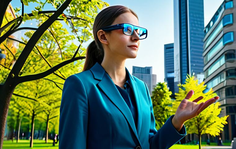 A professional environmental scientist, fully clothed in a modest business casual outfit, stands in a modern, vibrant urban park. They are wearing sleek, futuristic AR glasses, with holographic overlays showing real-time environmental data. Intricate, glowing visual layers of air quality metrics and wind patterns are integrated seamlessly into the view of trees and city buildings. The scientist has a focused expression, making a natural gesture with one hand as if interacting with the data. The scene emphasizes innovation and environmental awareness, with perfect anatomy, correct proportions, and well-formed hands. Natural pose, safe for work, appropriate content, fully clothed, professional. High-quality photography, realistic, detailed.