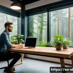 생태적 인터페이스의 시뮬레이션 기법 - A serene workspace blending nature and technology, featuring a modern desk with a transparent touchs...