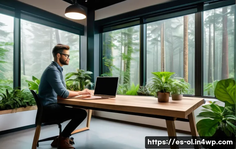 생태적 인터페이스의 시뮬레이션 기법 - A serene workspace blending nature and technology, featuring a modern desk with a transparent touchs...