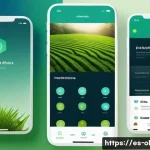 생태적 인터페이스 디자인에서의 색채 활용 - A serene digital interface design showcasing a sustainable app home screen with soft natural color p...