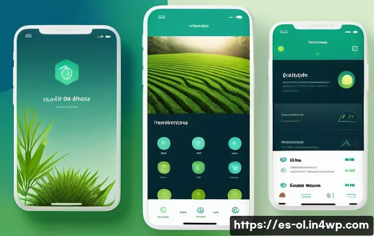 생태적 인터페이스 디자인에서의 색채 활용 - A serene digital interface design showcasing a sustainable app home screen with soft natural color p...