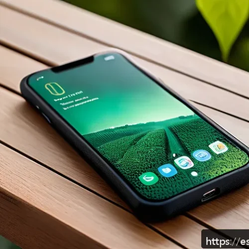 생태적 인터페이스의 기술적 진화 과정 - A sleek modern smartphone lying on a wooden table outdoors, featuring a sustainable design with a bi...