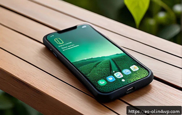 생태적 인터페이스의 기술적 진화 과정 - A sleek modern smartphone lying on a wooden table outdoors, featuring a sustainable design with a bi...