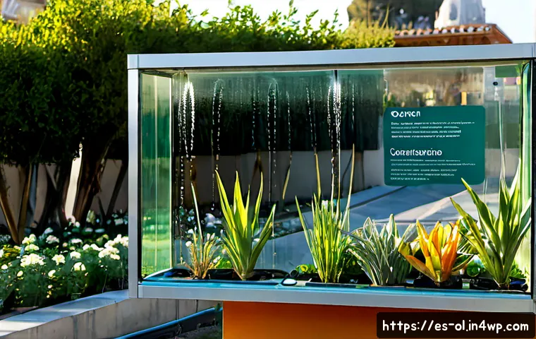 생태적 인터페이스와 실시간 데이터 활용 - Photorealistic ecological interface in a sunlit urban community garden in Barcelona, a diverse group...