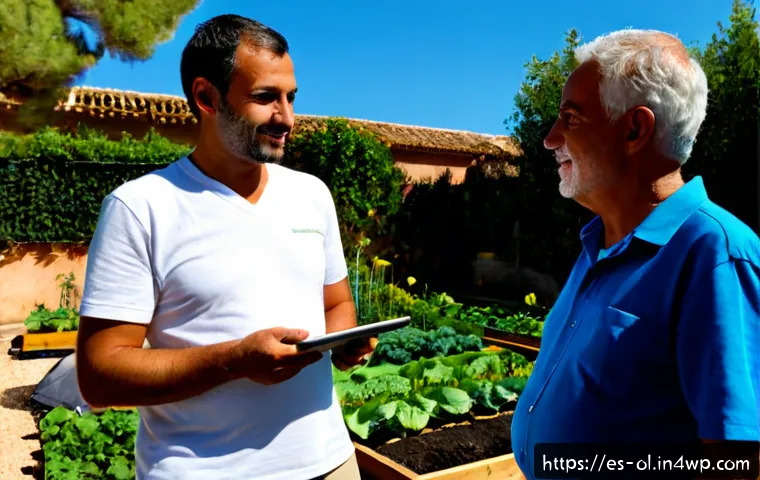 Home 17 생태적 인터페이스의 사용자 인터뷰 기법 - Photorealistic user research interview in a sunny community garden in Valencia, Spain, a friendly mi...