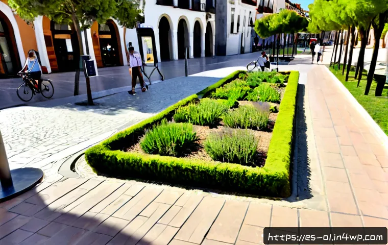 Home 30 생태적 인터페이스와 공공 정책 - Photorealistic wide-angle scene of a Mediterranean Spanish city plaza redesigned as an ecological pu...