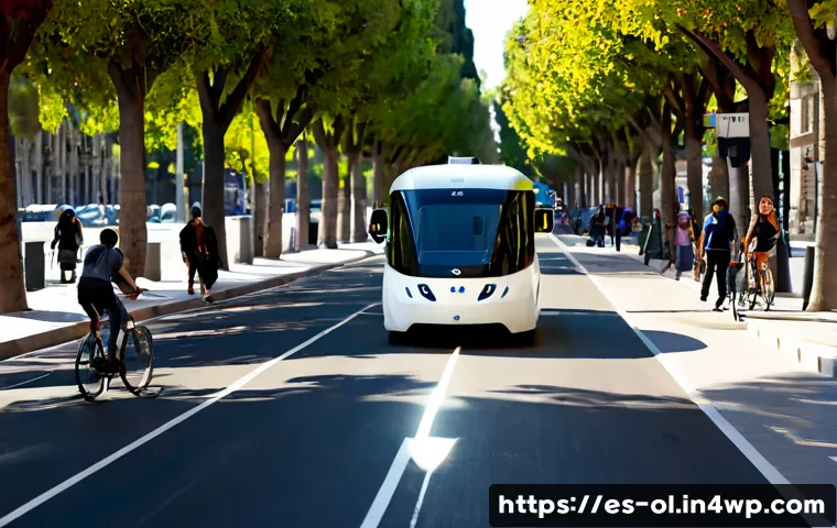 Home 17 생태적 인터페이스와 자율주행 기술 - Photorealistic autonomous electric shuttle traveling slowly through a sunlit Mediterranean city boul...